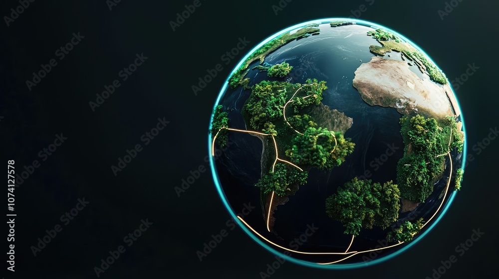 Fototapeta premium A globe showcasing lush greenery and earthy textures, floating on a dark backdrop.