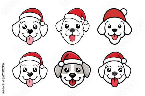 A vector set featuring six cute and happy dog characters wearing Santa hats, showcasing cheerful and festive expressions for holiday designs