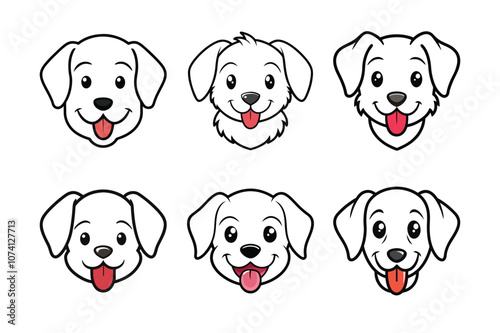 A vector set featuring six happy dog faces with tongues out, showcasing playful and cheerful expressions, perfect for fun designs