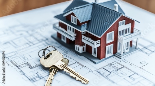 A house model on architectural plans with keys, symbolizing real estate and home ownership.
