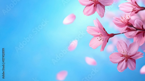 **Vibrant Springtime Garden Featuring Delicate Cherry Blossoms Against a Dreamy Background of Soft Blue Sky and Floating Petals**