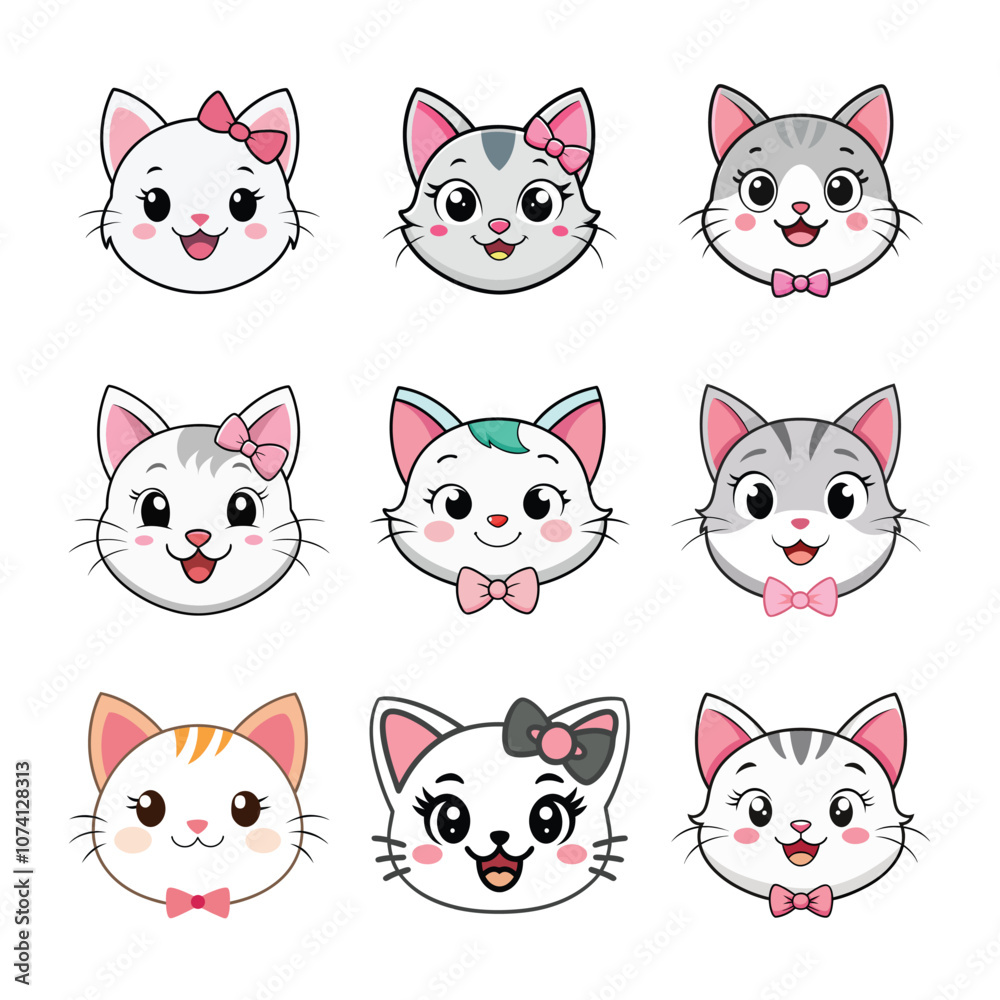 A vector set featuring nine adorable cat faces with colorful bows and charming expressions, perfect for playful and sweet designs A vector set featuring nine adorable cat faces with colorful bows and charming expressions, perfect for playful and sweet designs