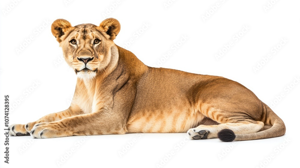 Obraz premium Majestic Lioness Relaxing on White Background