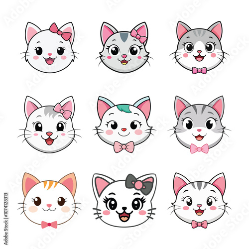 A vector set featuring nine adorable cat faces with colorful bows and charming expressions, perfect for playful and sweet designs