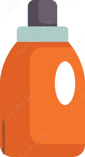 Orange bottle of liquid laundry detergent with blank label and black lid, isolated on white background