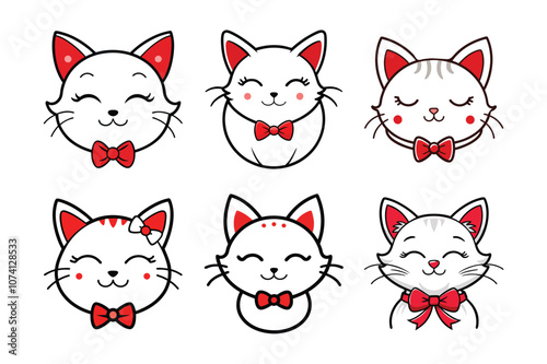 Set of Cute Cartoon Cat Faces with Red Bows - Adorable Vector Illustrations for Kids and Creative Designs