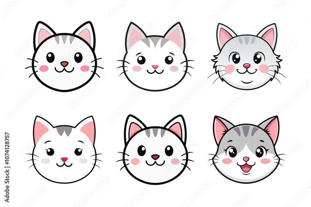 A vector set featuring six adorable cat faces with different expressions, pink cheeks, and soft details, ideal for designs A vector set featuring six adorable cat faces with different expressions, pink cheeks, and soft details, ideal for designs