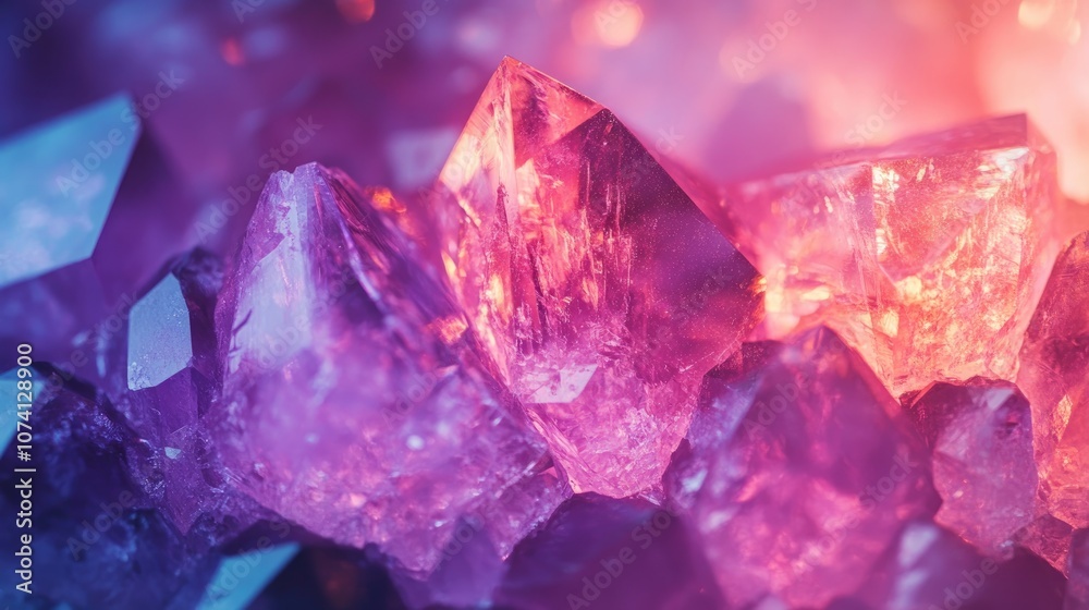 Close up of shimmering pink and purple crystals illuminated by natural light