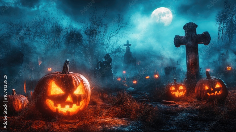 Naklejka premium Pumpkins in a Spooky Graveyard at Night Halloween Scene
