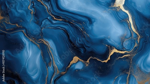 Abstract blue waves featuring fluid art with a liquid metallic gold effect creating a stunning marble texture background