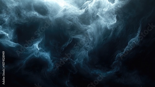 Enigmatic dimly lit space filled with swirling mist photo