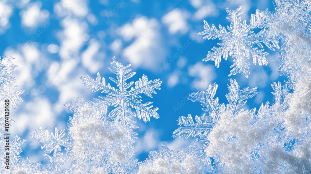 Snowflakes and ice crystals against a blue sky create a panoramic winter background featuring a beautiful display of seasonal weather Snowflakes and ice crystals against a blue sky create a panoramic winter background featuring a beautiful display of seasonal weather