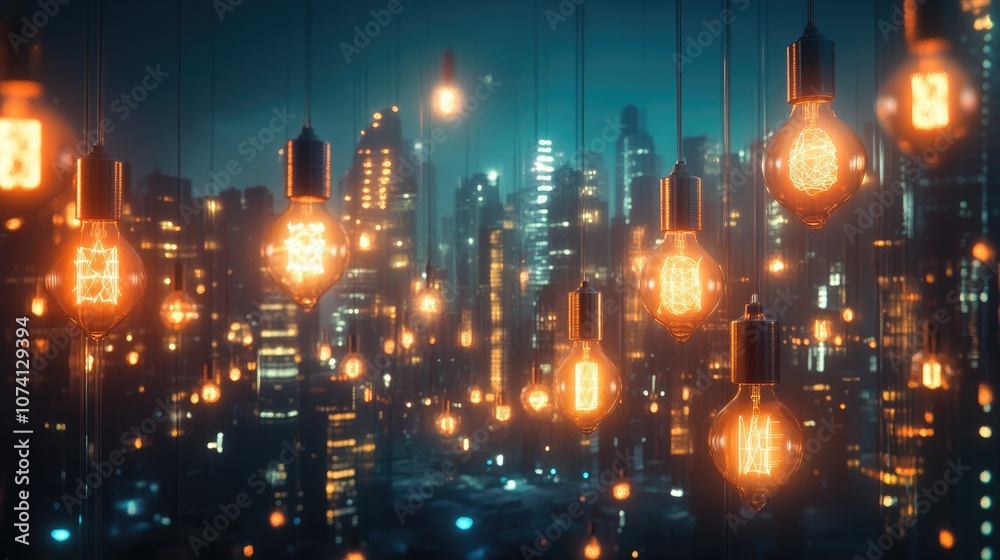 Fototapeta premium Futuristic City Illuminated by Bright Lightbulbs Symbolizing Innovation and Sustainable Urban Development