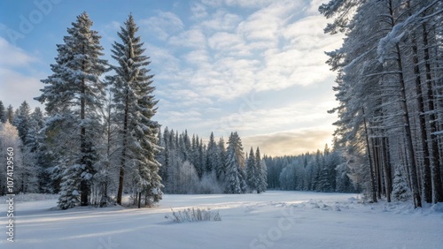 Snow-covered winter forest landscape with tall trees and clear sky, winter, forest, landscape, snow-covered, tall trees