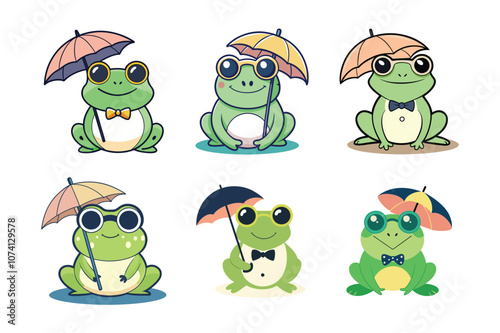 A charming collection of six cute frogs with umbrellas and bow ties. Ideal for kids' designs, fun vector illustrations, and creative rainy-day projects photo