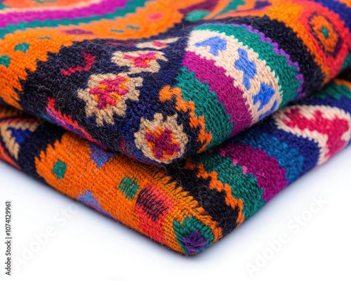 Colorful patterned textile showcasing vibrant designs and intricate details, layered beautifully.