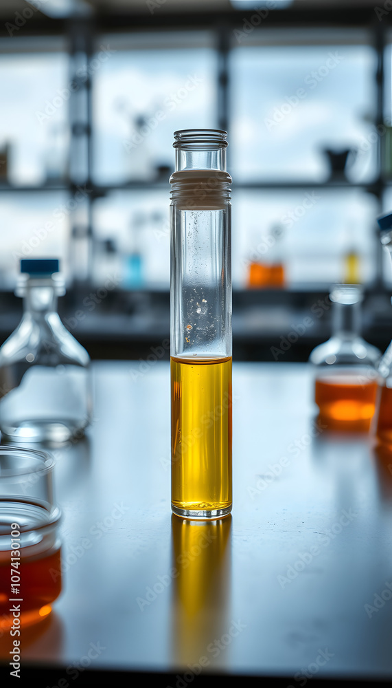 Funnel in glass vial with yellow chemical liquid placed on table in modern laboratory isolated with white highlights, png Funnel in glass vial with yellow chemical liquid placed on table in modern laboratory isolated with white highlights, png