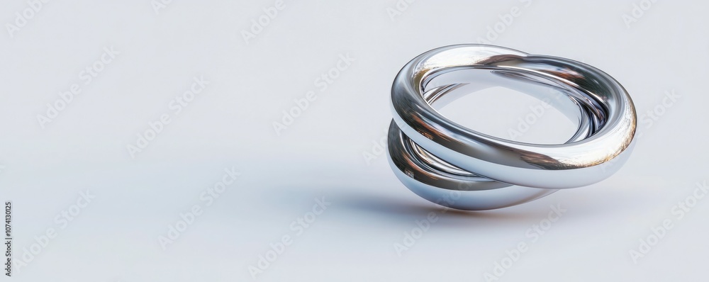 A polished, intertwined silver ring rests on a light surface, showcasing its elegant design and reflective qualities.