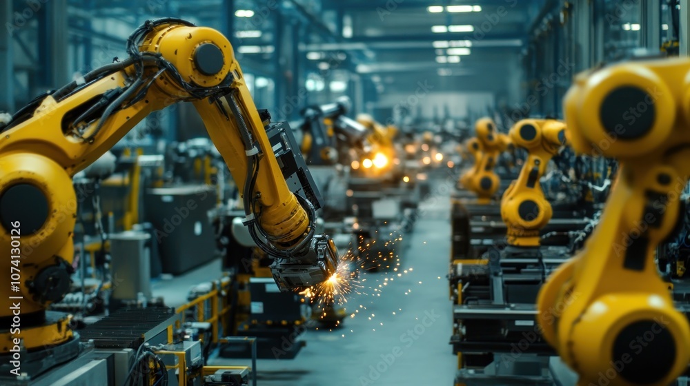 Industrial scene with robotic arms performing automated tasks in a factory setting. Industrial scene with robotic arms performing automated tasks in a factory setting.