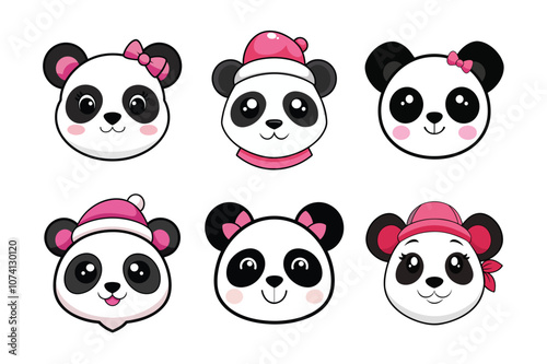 A charming collection of six cute panda faces wearing red bows. Ideal vector illustrations for kids' designs, creative projects, and playful decorations.