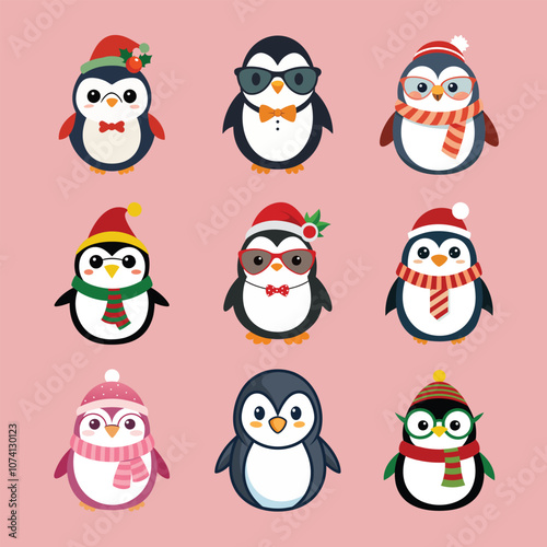 Charming set of nine adorable winter penguins in festive hats, scarves, and glasses. Perfect for holiday, Christmas, and winter-themed vector designs. photo