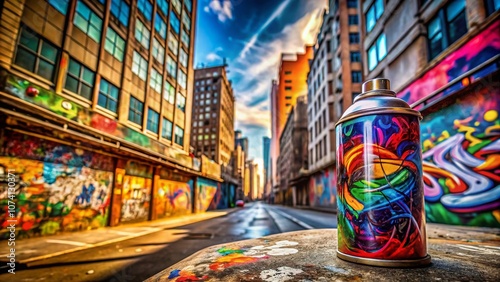 Panoramic View of a Spray Can Nozzle Capturing the Essence of Urban Street Art, Highlighting Its Intricate Design and Vibrant Color Palette in a Dynamic, Wide-Angle Shot