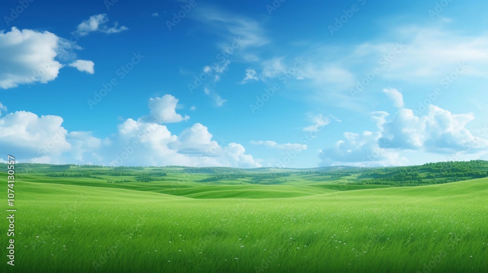 Fototapeta premium A serene landscape featuring lush green fields under a bright blue sky with fluffy clouds.