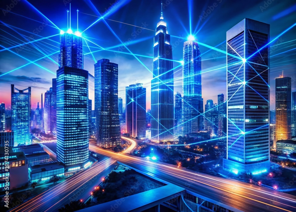 Fototapeta premium Panoramic View of Futuristic Cityscape with 3D Blue Neon Geometric Effect Overlay, Showcasing Vibrant Nightlife and Modern Architecture in a Stunning Visual Experience