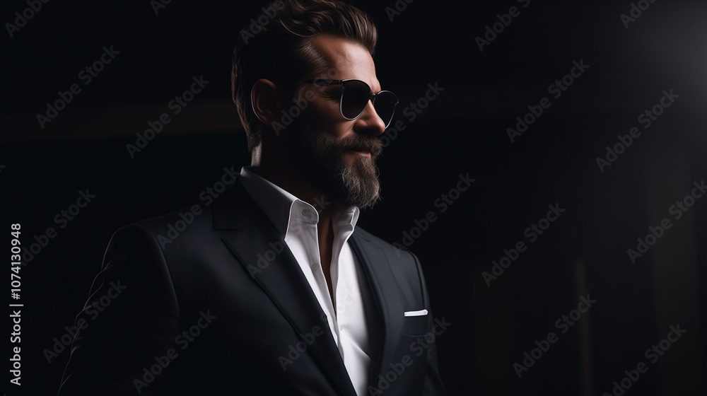 A man with a trimmed beard, wearing a dark suit and white shirt, exuding a stylish and sophisticated look, stands against a dark background, with a pocket square adding a touch of elegance.