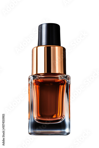 Elegant Amber Cosmetic Bottle with Gold Cap on Transparent Background