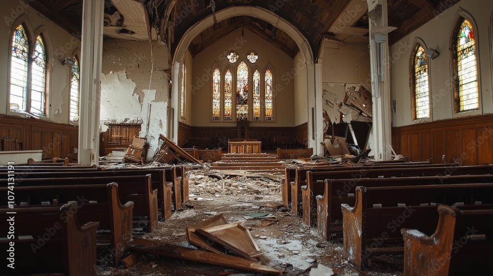 Fototapeta premium A vandalized place of worship, symbolizing the destructive impact of hate crimes