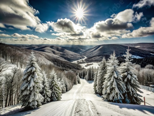 Panoramic View of Whitetail Ski Resort in Pennsylvania during Winter, Showcasing Snow-Covered Slopes and Scenic Mountain Landscape Under Clear Blue Sky photo