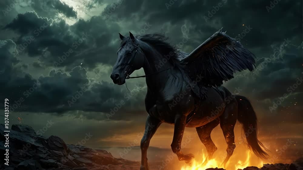 Majestic black horse with huge wings is running on fire with a dramatic cloudy sky in background. This fantasy scene is ideal for book covers or illustrations Majestic black horse with huge wings is running on fire with a dramatic cloudy sky in background. This fantasy scene is ideal for book covers or illustrations