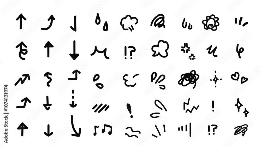Illustration of a set of hand-drawn emotion icons and arrows. Illustration of a set of hand-drawn emotion icons and arrows.