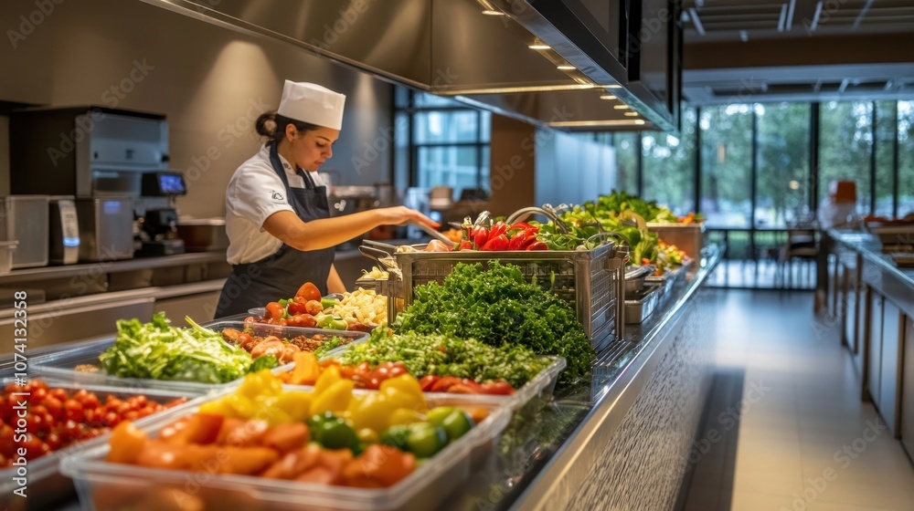 A Chef Prepares a Salad Bar in a Modern Kitchen A Chef Prepares a Salad Bar in a Modern Kitchen