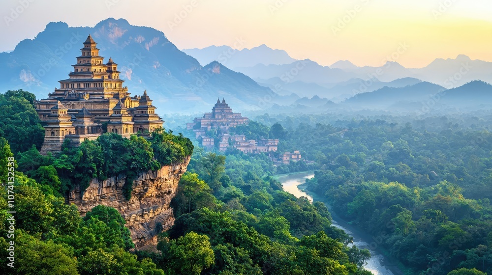 Ancient temple on a cliff surrounded by lush mountains and a tranquil river. Ancient temple on a cliff surrounded by lush mountains and a tranquil river.