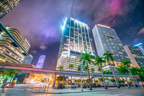 Downtown Miami buildings and skyscrapers at night from Biscayne Boulevard photo