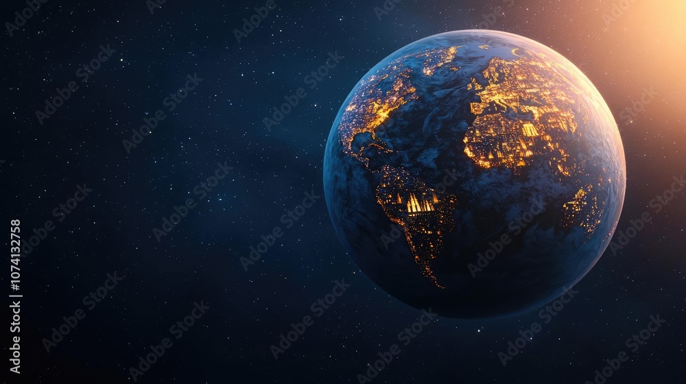 Beautiful view of Earth from space with city lights glowing in the darkness. Beautiful view of Earth from space with city lights glowing in the darkness.