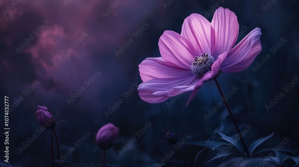 A beautiful deep pink cosmos flower with its soft petals unfolding in a garden, creating a peaceful and serene atmosphere A beautiful deep pink cosmos flower with its soft petals unfolding in a garden, creating a peaceful and serene atmosphere
