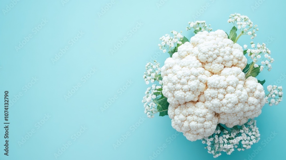 A beautifully arranged cauliflower head on a blue background, adding a pop of freshness to the composition A beautifully arranged cauliflower head on a blue background, adding a pop of freshness to the composition