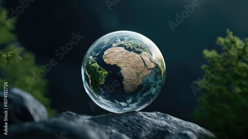 Earth globe resting on a rock surrounded by green foliage.