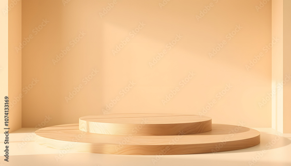 Empty wooden podiums on beige background. Round pedestal for product advert in rainbow flare light mockup isolated with white highlights, png Empty wooden podiums on beige background. Round pedestal for product advert in rainbow flare light mockup isolated with white highlights, png