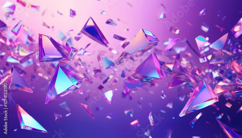 キラキラしたガラスの破片が飛び散る、紫のグラデーション背景
