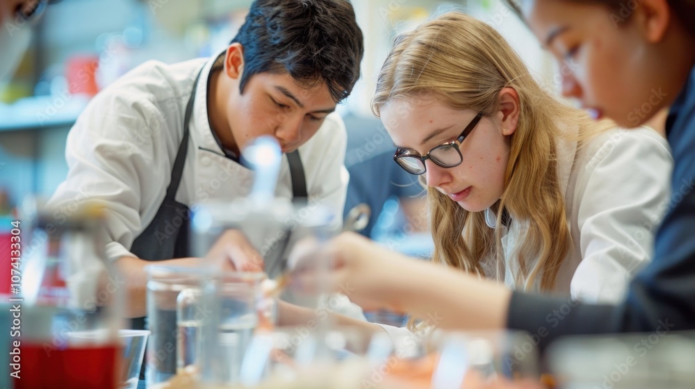 A group of students work together carefully measuring out ingredients and experimenting with different flavor combinations. A group of students work together carefully measuring out ingredients and experimenting with different flavor combinations.