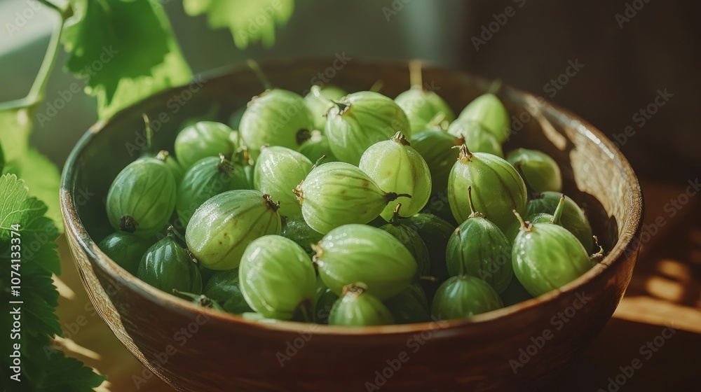 A close-up of plump green gooseberries in a bowl, with sunlight gently illuminating their texture, creating a fresh and organic look A close-up of plump green gooseberries in a bowl, with sunlight gently illuminating their texture, creating a fresh and organic look