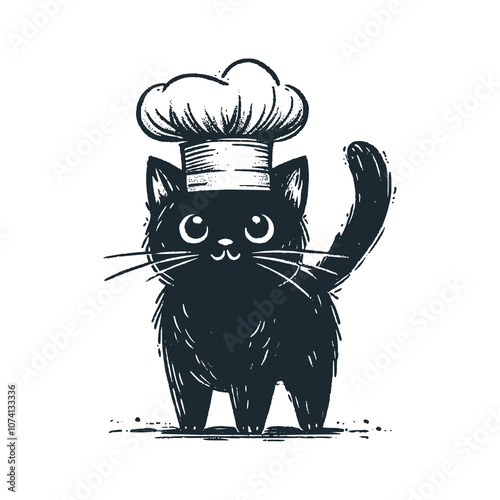 Cat wearing a chef's hat. Black white vector illustration.