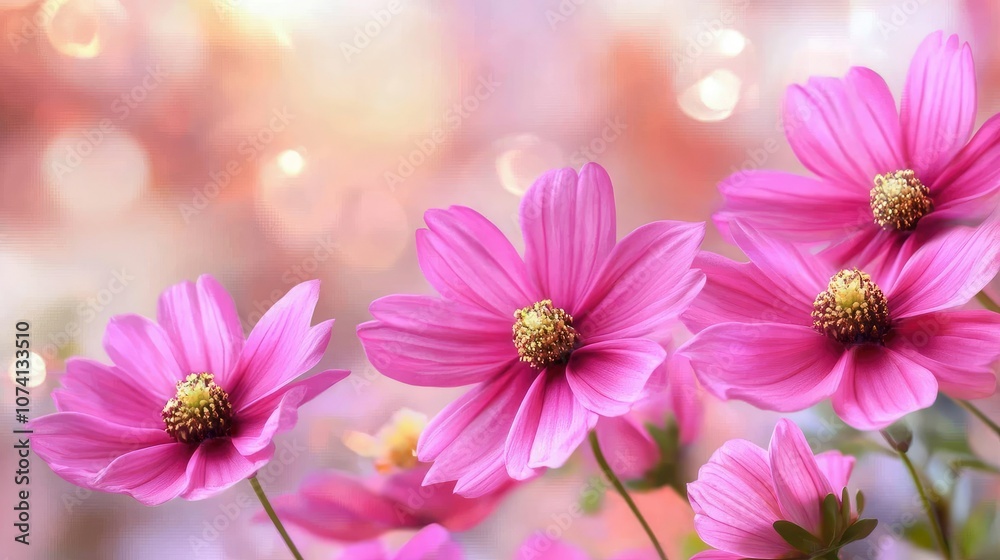 A close-up shot of deep pink cosmos flowers with soft lighting and a blurred background, emphasizing their natural beauty and elegance A close-up shot of deep pink cosmos flowers with soft lighting and a blurred background, emphasizing their natural beauty and elegance
