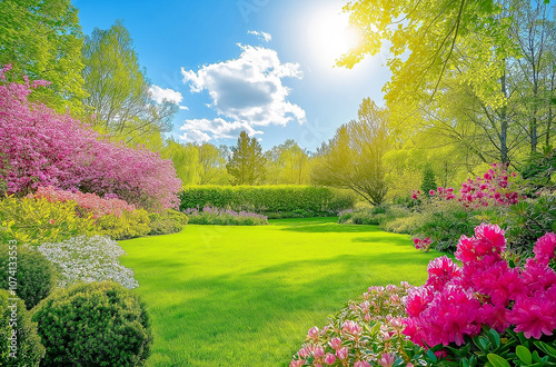 The sun shines on the lawn, flowers bloom, and green trees form a beautiful picture scroll.