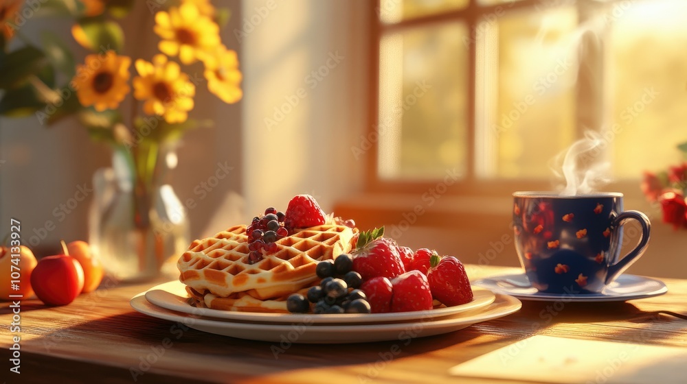 A delicious breakfast table with waffles, fresh fruit, and a cup of coffee for a perfect morning scene A delicious breakfast table with waffles, fresh fruit, and a cup of coffee for a perfect morning scene
