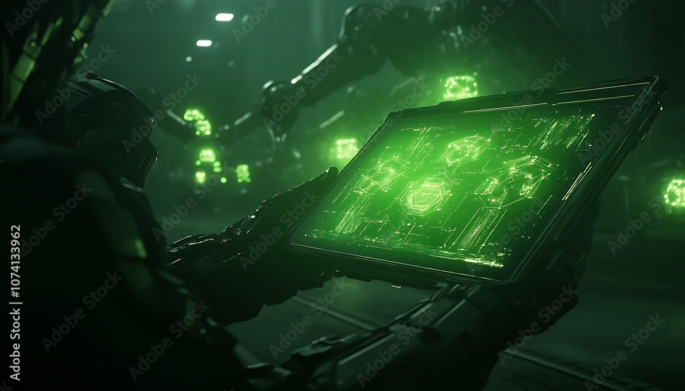 A futuristic figure examines a glowing green display, surrounded by high-tech machinery in a dimly lit environment. A futuristic figure examines a glowing green display, surrounded by high-tech machinery in a dimly lit environment.